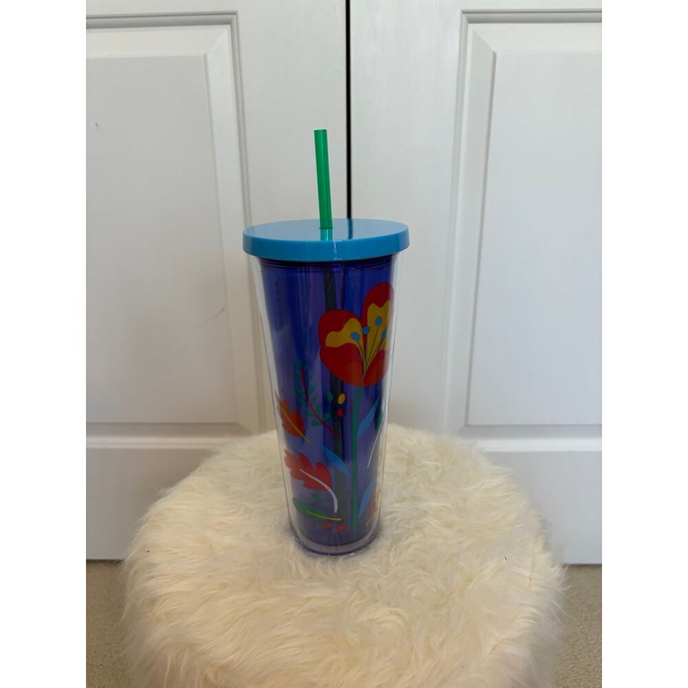 Starbucks Floral Poppy Flower Blue 24oz Tumbler w/Straw